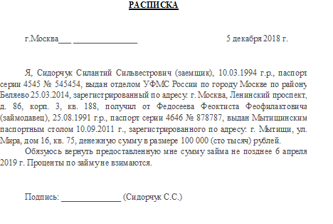 Расписка о возврате денежных средств образец в долг без процентов