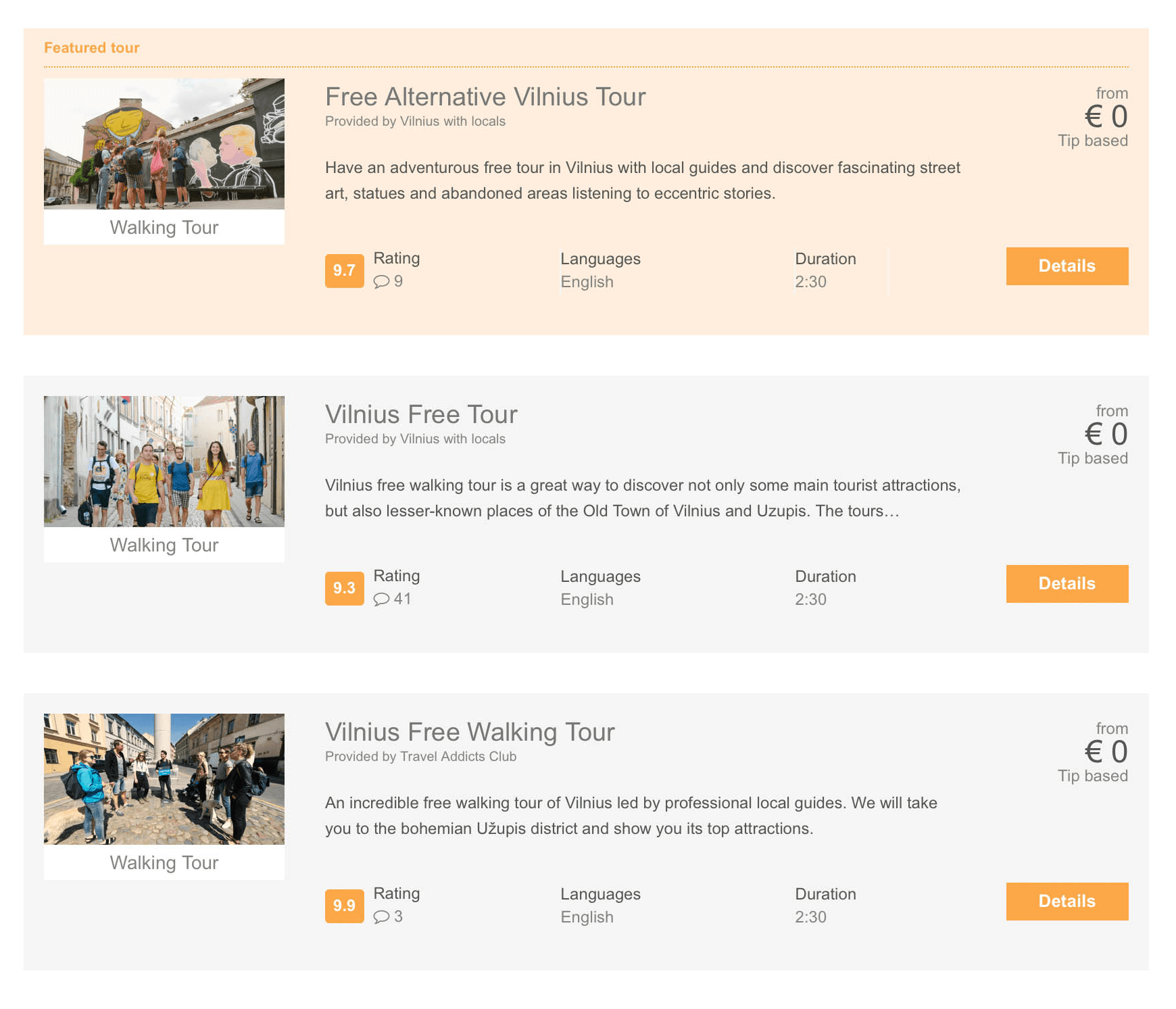 На сайте freetour.com предлагают сразу все бесплатные туры по городу. Указан рейтинг, язык экскурсии, длительность, на карте отмечено место встречи
